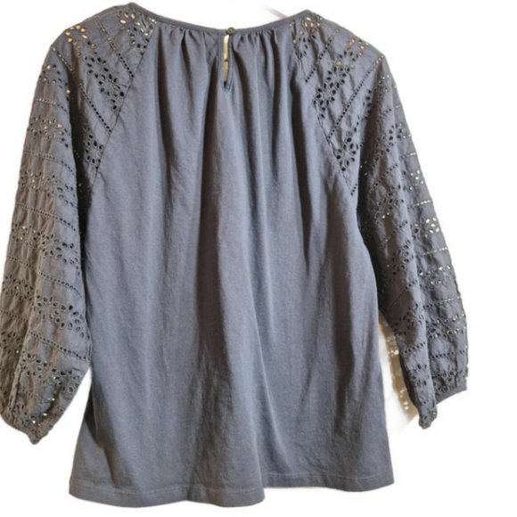 J. Crew Navy Cotton Blouse with Eyelet Lace Sleeves Size Small - Picture 4 of 6